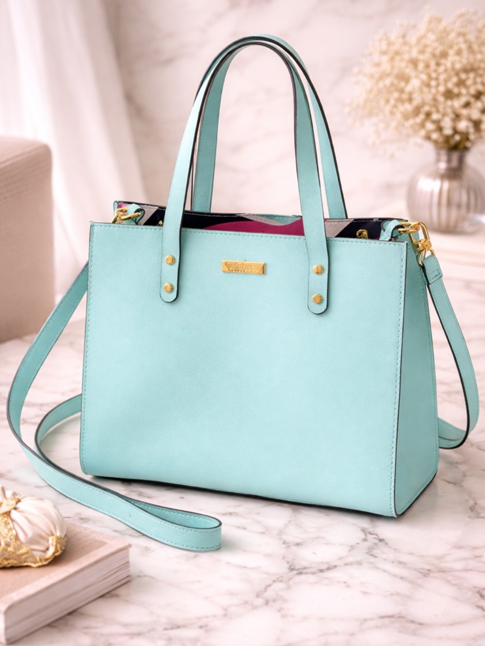 Trina Turk Aqua Blue Structured Tote Crossbody Bag Gold Hardware